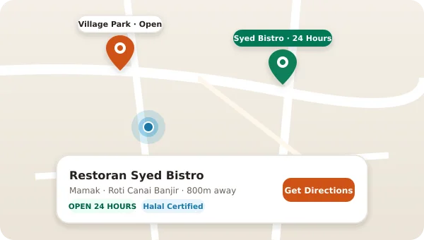 Screenshot of WeMakan interactive map view with real-time operating status pins
